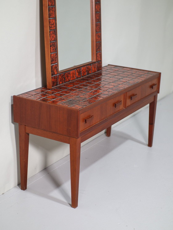Image 1 of Neck Set Bench With Mirror Danish Vintage Teak Red Tiles