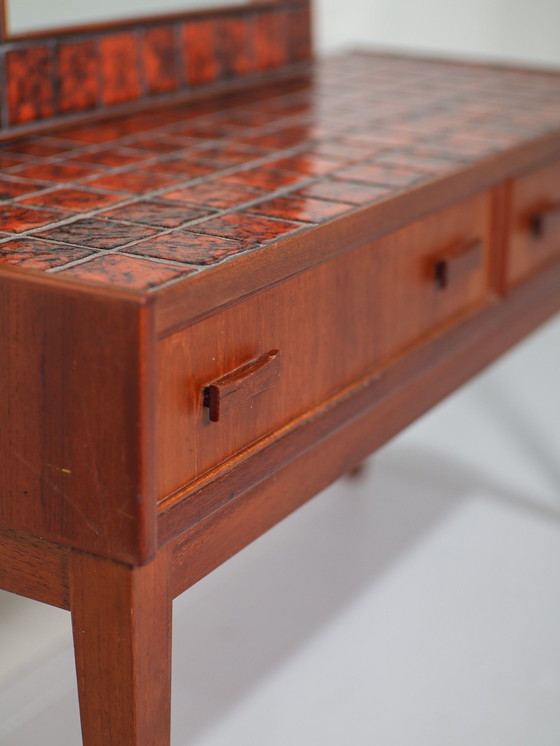 Image 1 of Neck Set Bench With Mirror Danish Vintage Teak Red Tiles