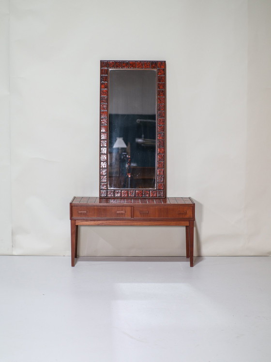 Image 1 of Neck Set Bench With Mirror Danish Vintage Teak Red Tiles