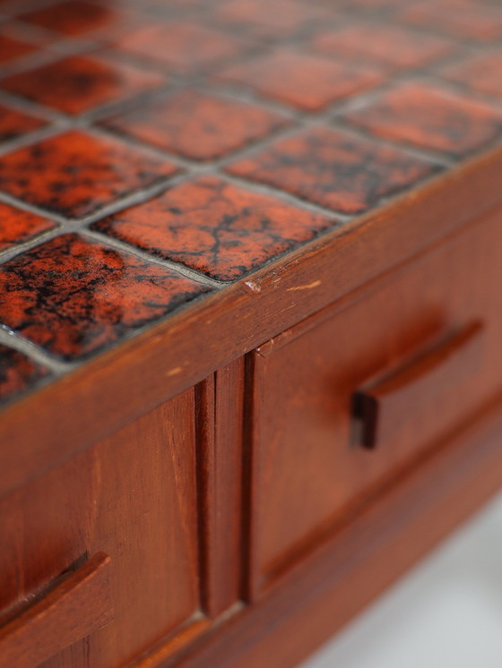 Image 1 of Neck Set Bench With Mirror Danish Vintage Teak Red Tiles