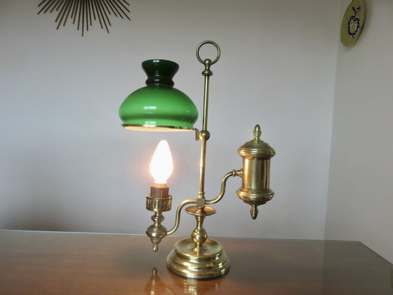 Image 1 of Imponente lampada vittoriana, bronzo e opalino verde