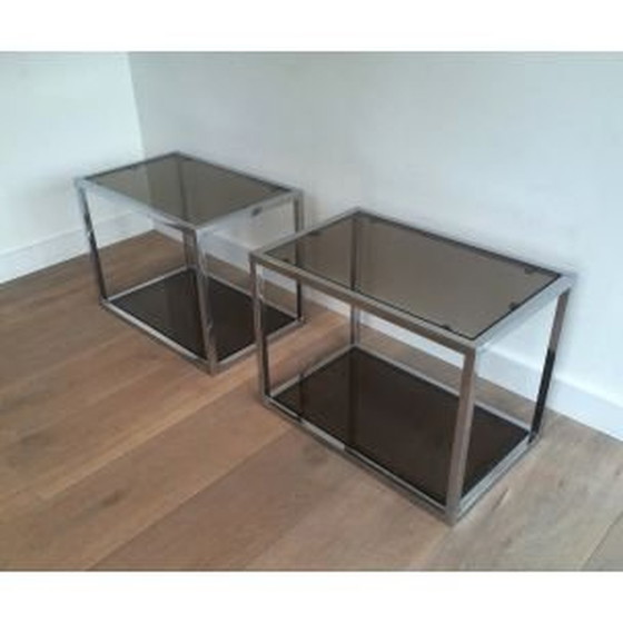 Image 1 of Pair of vintage french coffee tables in smoked glass 1970