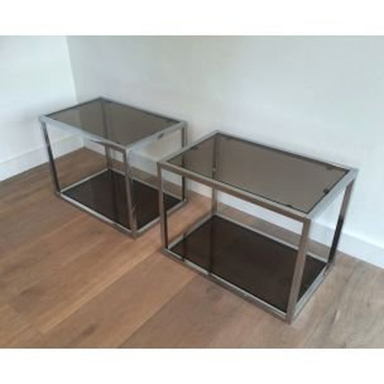 Image 1 of Pair of vintage french coffee tables in smoked glass 1970