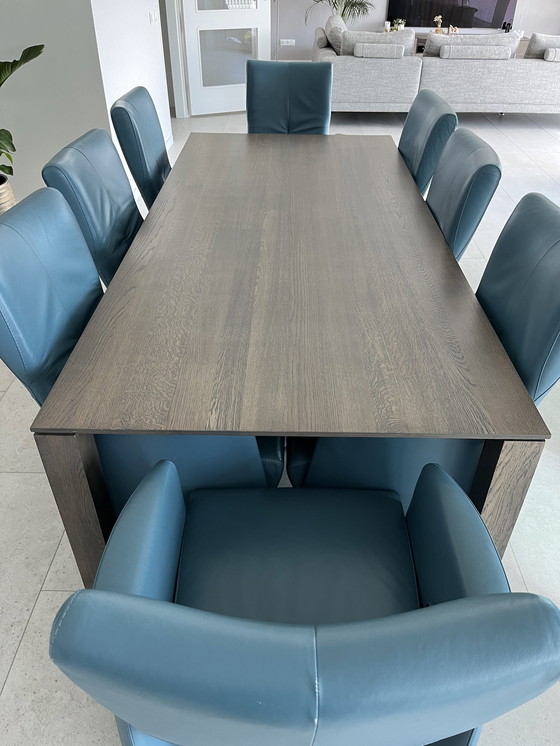 Image 1 of 8x Leolux Doppler chairs blue leather + table