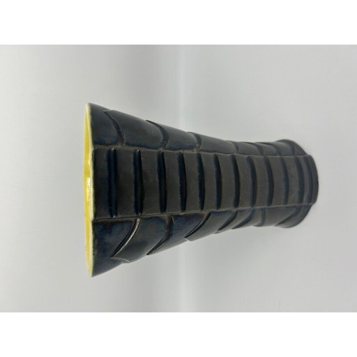 Jarrón vintage de cerámica negra con decoración gráfica, 1950