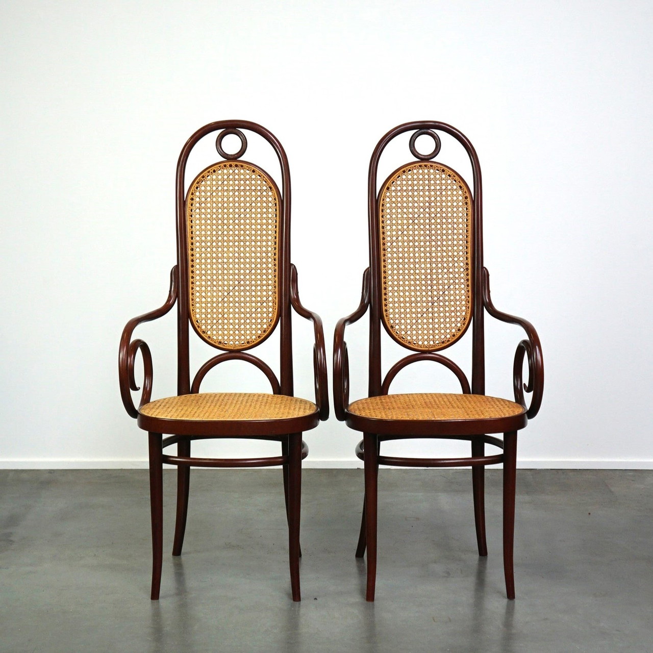 2 x Tall dark brown original vintage Thonet chair with armrests