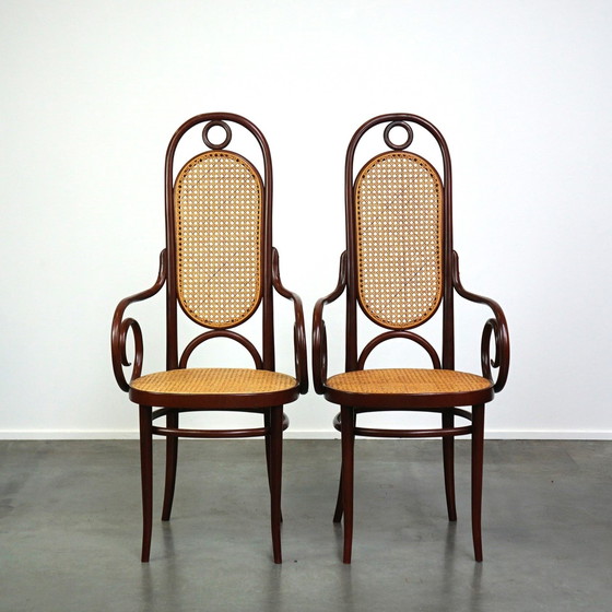 Image 1 of 2 x Tall dark brown original vintage Thonet chair with armrests