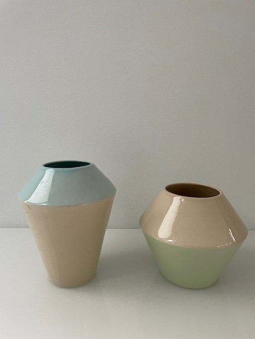 2 Handmade Duodip Vases: Blue/Cream And Mint Green/Cream