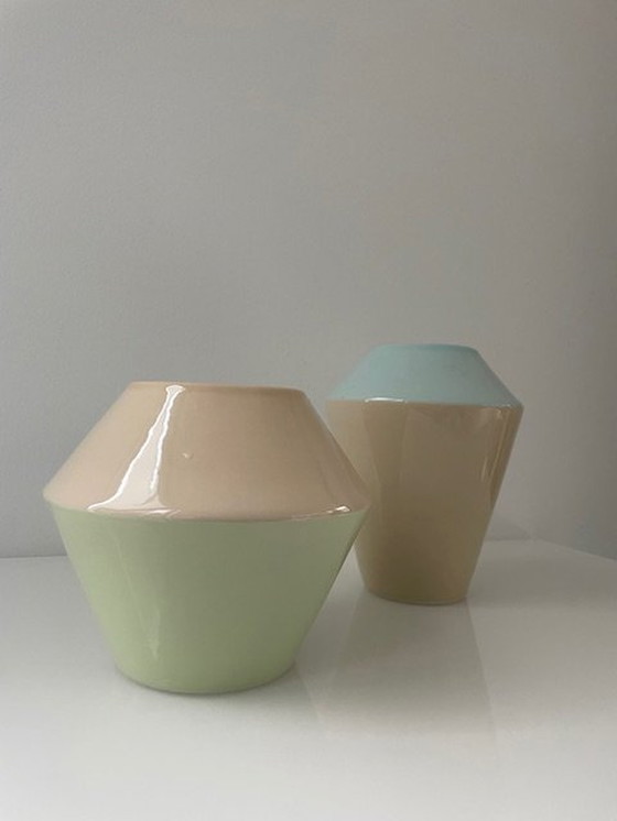 Image 1 of 2 Handmade Duodip Vases: Blue/Cream And Mint Green/Cream