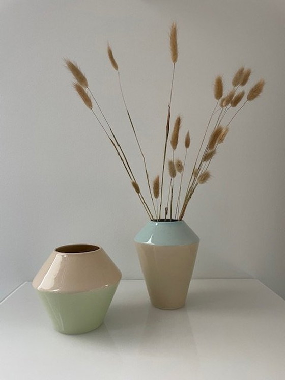 Image 1 of 2 Handmade Duodip Vases: Blue/Cream And Mint Green/Cream