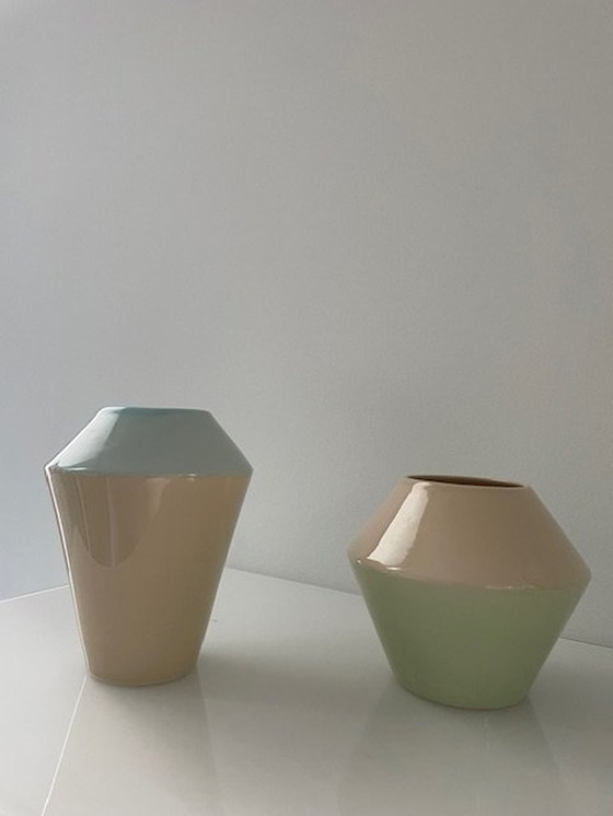 Image 1 of 2 Handmade Duodip Vases: Blue/Cream And Mint Green/Cream