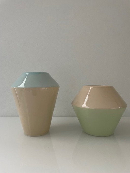 2 Handmade Duodip Vases: Blue/Cream And Mint Green/Cream