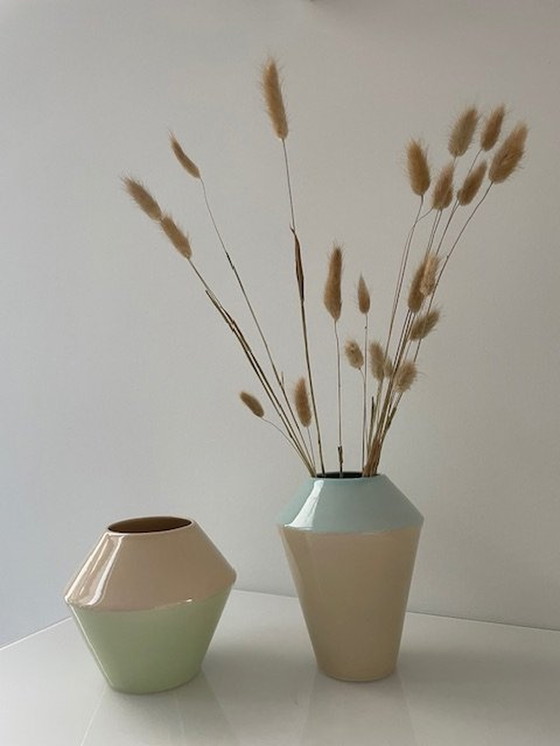 Image 1 of 2 Handmade Duodip Vases: Blue/Cream And Mint Green/Cream