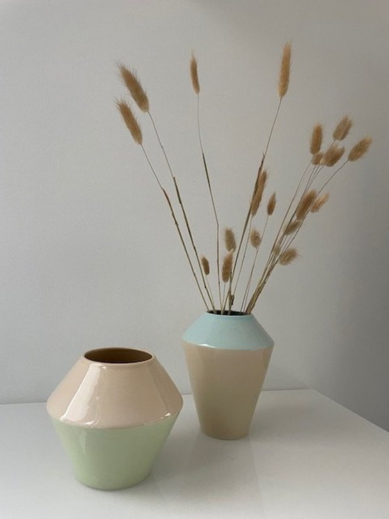 Image 1 of 2 Handmade Duodip Vases: Blue/Cream And Mint Green/Cream