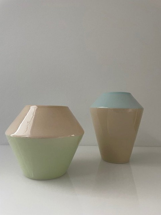 Image 1 of 2 Handmade Duodip Vases: Blue/Cream And Mint Green/Cream