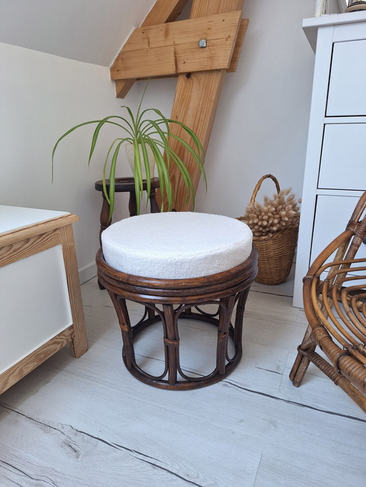 Rattan And Bouclette Fabric Pouf