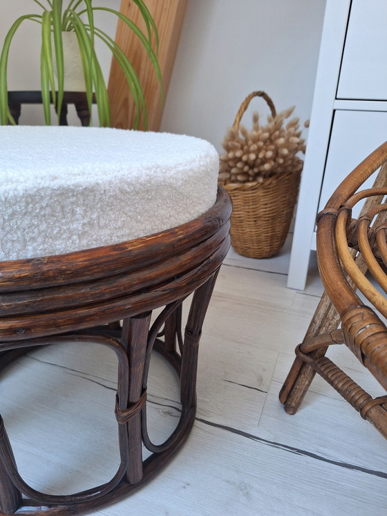 Image 1 of Rattan And Bouclette Fabric Pouf