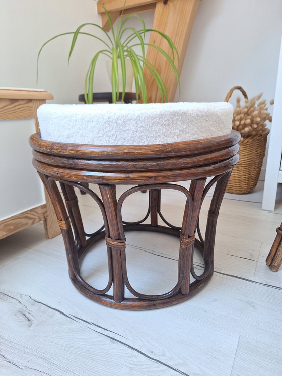 Image 1 of Rattan And Bouclette Fabric Pouf