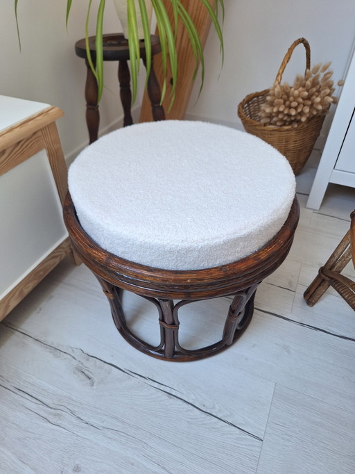 Rattan And Bouclette Fabric Pouf