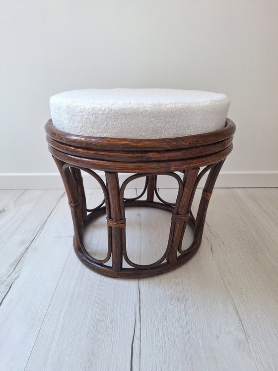 Image 1 of Rattan And Bouclette Fabric Pouf