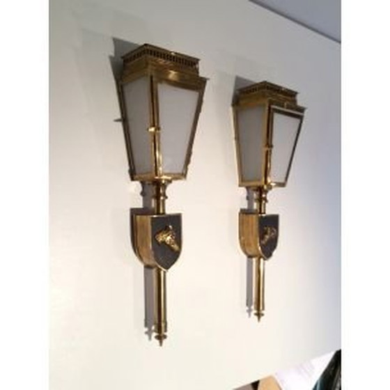 Image 1 of Pair of vintage brass and glass horse wall lamp, 1950