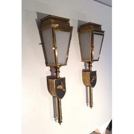Image 1 of Pair of vintage brass and glass horse wall lamp, 1950
