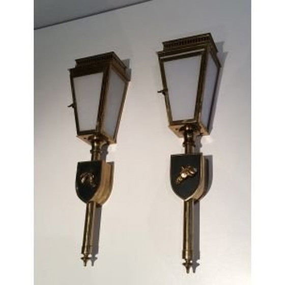 Image 1 of Pair of vintage brass and glass horse wall lamp, 1950