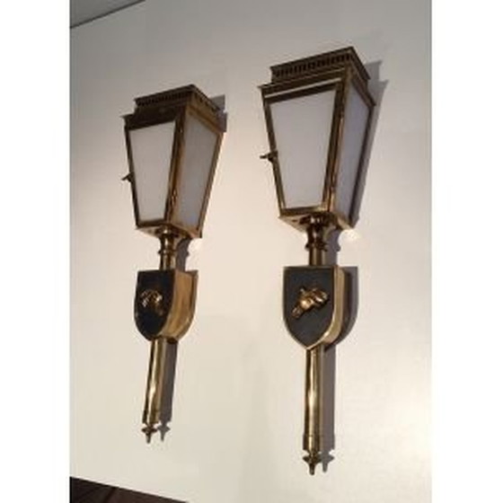 Image 1 of Pair of vintage brass and glass horse wall lamp, 1950