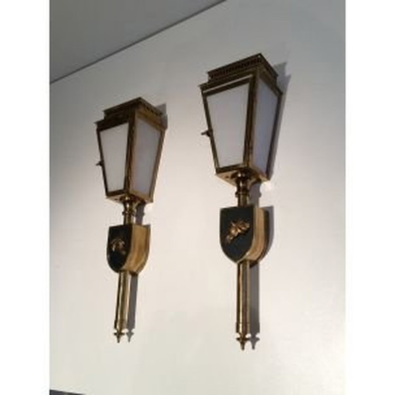 Image 1 of Pair of vintage brass and glass horse wall lamp, 1950