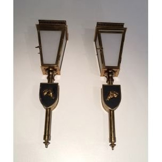 Image 1 of Pair of vintage brass and glass horse wall lamp, 1950