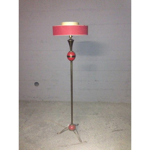 Vintage red brass floor lamp, France 1950