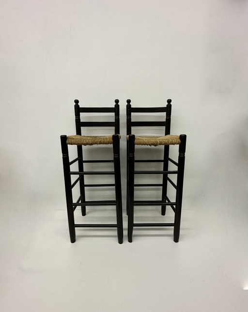 Set of 2 wooden bar stools with wicker seats from the 1970s