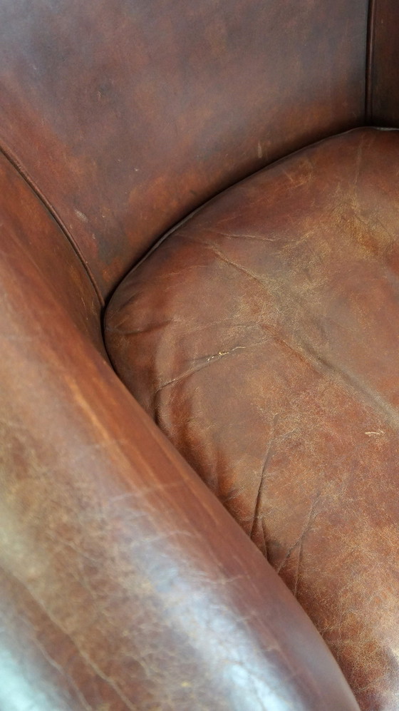 Image 1 of Fauteuil club spacieux en cuir de mouton avec coussin d'assise amovible