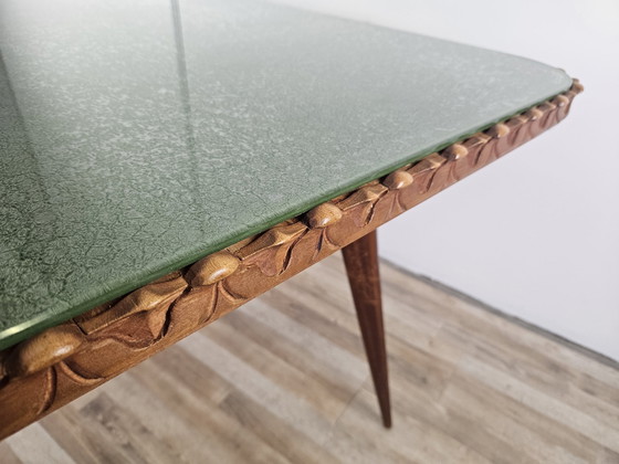 Image 1 of 1960S Wooden Table With Decorated Green Glass Top