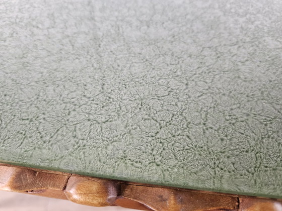 Image 1 of 1960S Wooden Table With Decorated Green Glass Top