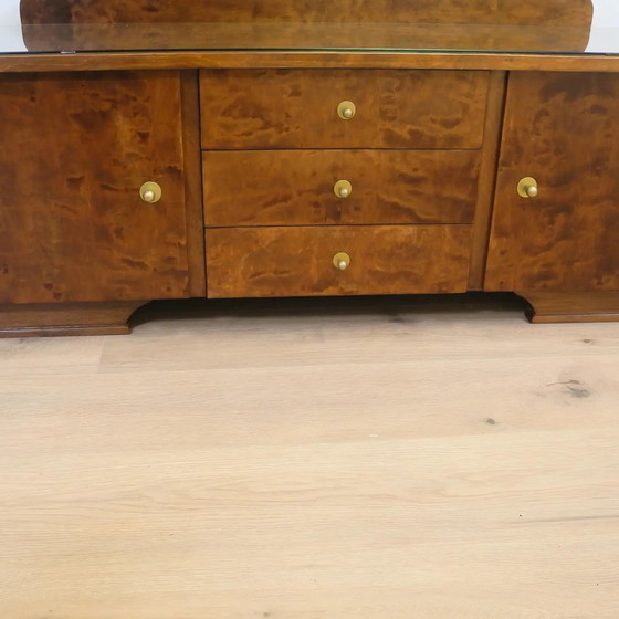 Image 1 of 1950s stained flamed birch mirror chest of drawers with swivel mirrors