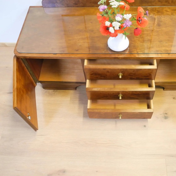 Image 1 of 1950s stained flamed birch mirror chest of drawers with swivel mirrors