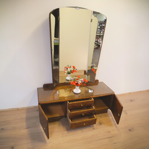 1950s stained flamed birch mirror chest of drawers with swivel mirrors