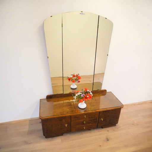 1950s stained flamed birch mirror chest of drawers with swivel mirrors