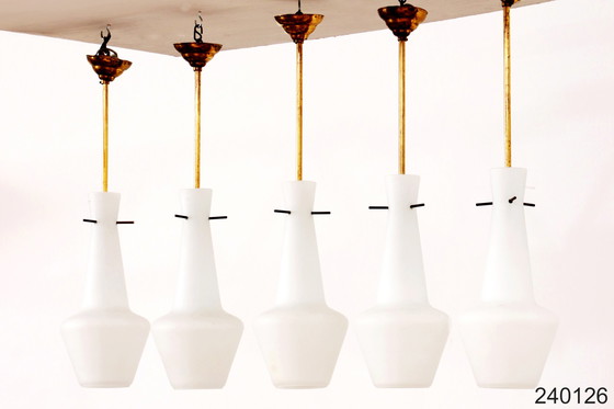 Image 1 of Opaline glass set of 5 pendant lights with brass, Sweden 1960s