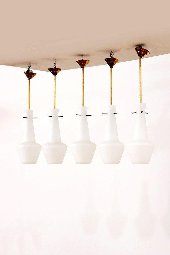 Image 1 of Opaline glass set of 5 pendant lights with brass, Sweden 1960s