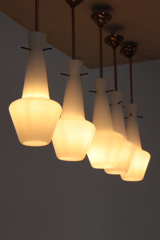 Image 1 of Opaline glass set of 5 pendant lights with brass, Sweden 1960s