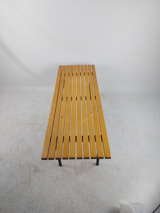 Image 1 of 1 X Slatted Bench In Beech And Black Metal 1960'S