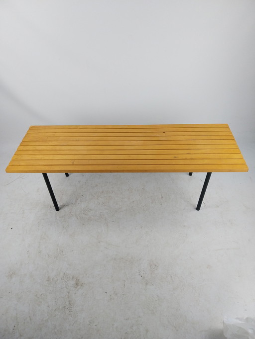 1 X Slatted Bench In Beech And Black Metal 1960'S