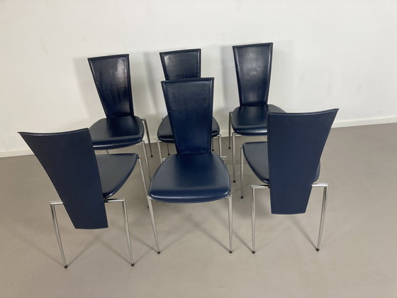 Image 1 of Set Of 6 Dark Blue Leather Arper Italy Design Chairs