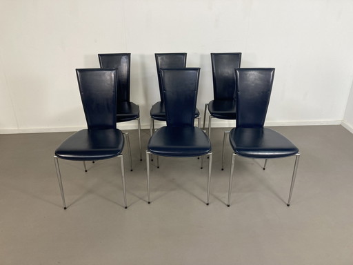 Set Of 6 Dark Blue Leather Arper Italy Design Chairs