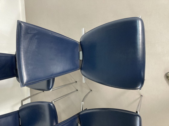 Image 1 of Set Of 6 Dark Blue Leather Arper Italy Design Chairs