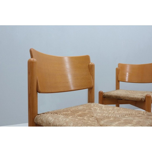 Set of 4 vintage wooden dining chairs with straw seat, 1970s