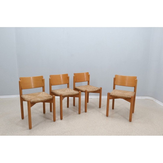 Image 1 of Set of 4 vintage wooden dining chairs with straw seat, 1970s