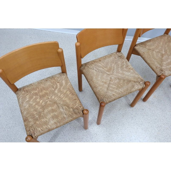 Image 1 of Set of 4 vintage wooden dining chairs with straw seat, 1970s